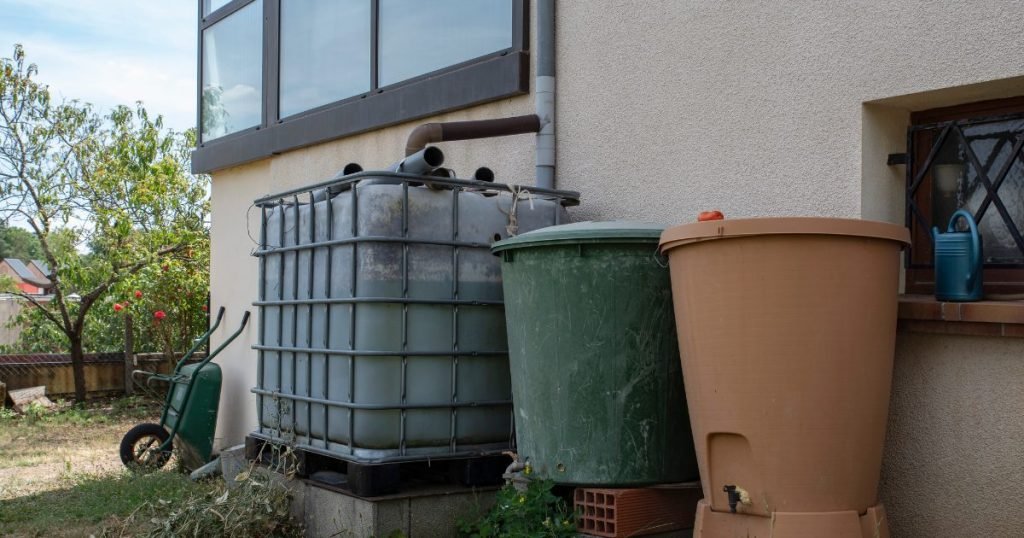 Rainwater harvesting system in use for an off-grid shelter