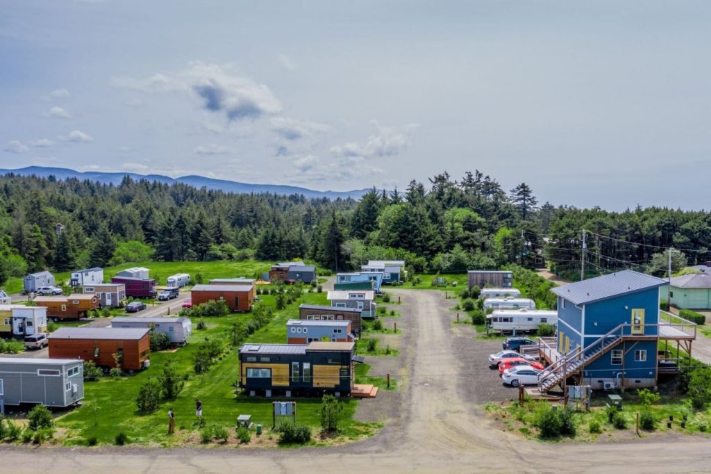 An aerial view of the tiny home community, highlighting the communal spaces