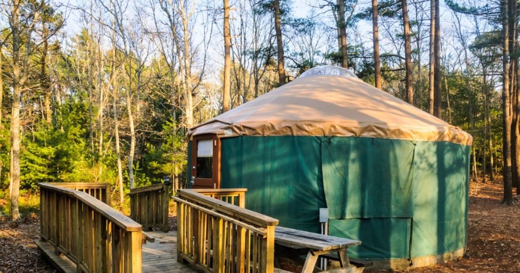 A yurt set up in a picturesque natural setting