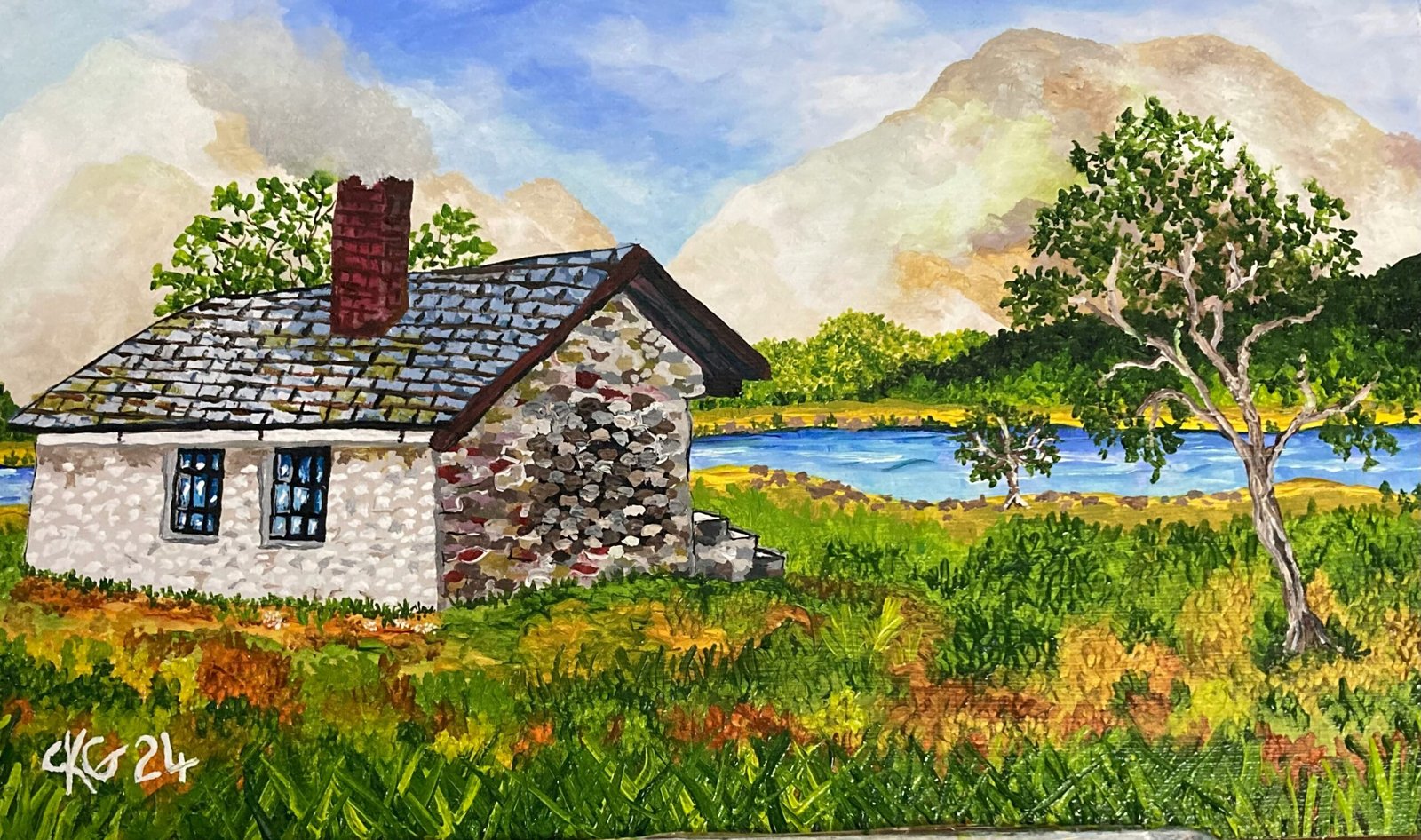 a painting of a house with a lake in the background